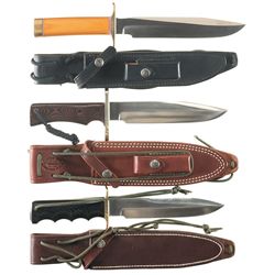 Three Randall Made Fighting Knives with Sheaths and Pouches