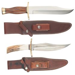 Two Randall Made Bowie Knives with Sheaths and Pouches