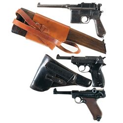 Three Semi-Automatic Pistols -A) Mauser Model 1930 Broomhandle Commercial Pistol with Reproduction S