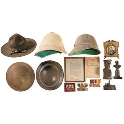 Grouping of Military Style Items Including Medals and Helmets