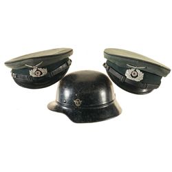 Two Heer Enlisted Engineer's Caps and One Nazi Police Helmet