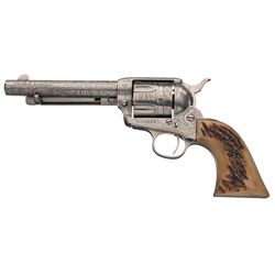 Signed Master Engraved Cattle Brand Engraved Colt Single Action Army Revolver with Stag Grips and Fa