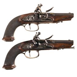 Matching Pair of French Flintlock Pistols with Gold Highlights -A) Unmarked French Pistol