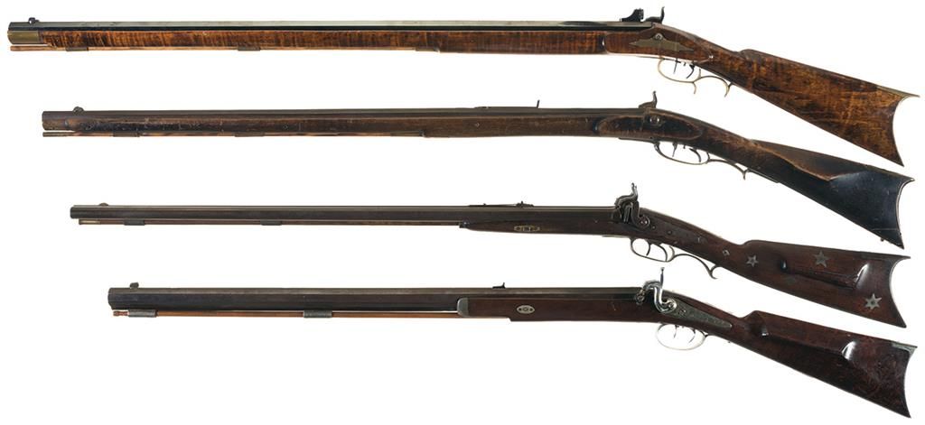 Four Percussion Long Guns -A) T. Davidson Cincinnati Full Stock Rifle