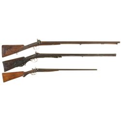 Three Double Barrel Shotguns -A) Engraved Delconmyn Kiobenhavn marked Percussion Shotgun