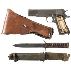 World War II Colt Model 1911A1 Semi-Automatic Pistol with Holster and Combat Knife