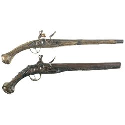 Two Ornate Flintlock Pistols -A) Balkan-Style Pistol with Brass-Paneled Stock
