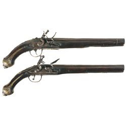 Two Gold and Silver Inlaid Deep Relief Engraved Mediterranean Flintlock Pistols -A) Mediterranean Fl