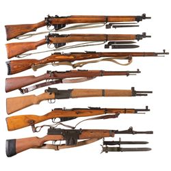 Seven Military Long Guns -A) Enfield No. 4 MK2 (F) Bolt Action Rifle with Bayonet