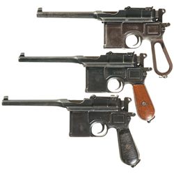 Three Mauser Small Ring Broomhandle Semi-Automatic Pistols -A) Mauser Broomhandle Pistol