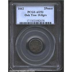 1662 2PENCE Oak Tree Twopence AU53 PCGS. Noe-30, R.4. 10.8 grains. Small die break from base of 2 to