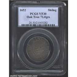 1652 SHILNG Oak Tree Shilling VF30 PCGS. Noe-1, R.3. 71.0 grains. This specimen was lot 14 from the.