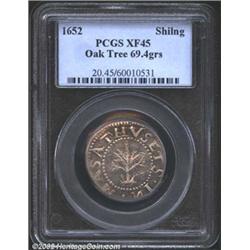 1652 SHILNG Oak Tree Shilling XF45 PCGS. Noe-14. 69.4 grains. This is an aesthetically pleasing surv