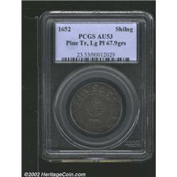 1652 SHILNG Pine Tree Shilling, Large Planchet AU53 PCGS. Noe-1, R.2. 67.9 grains. Mostly smooth, me
