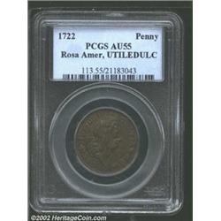 1722 PENNY Rosa Americana Penny, UTILE AU55 PCGS. Breen-116. This is a relatively pleasing example t