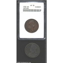 1722 1/2P Hibernia Halfpenny, Type One VF35 ANACS, Breen-144, glossy light brown surfaces with light