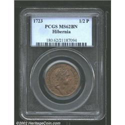 1723 1/2P Hibernia Halfpenny MS62 Brown PCGS. Breen-155. Smooth, brownish-tan surfaces that are semi