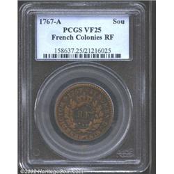 1767-A 9DEN French Colonies Copper Sou, RF Counterstamp VF25 PCGS. Breen-701. The counterstamp is we