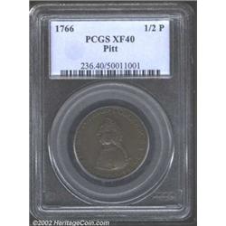 1766 1/2P Pitt Halfpenny XF40 PCGS. Breen-251. Smooth chocolate brown surfaces. There are several pi