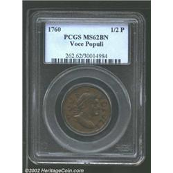 1760 1/2P Hibernia-Voce Populi Halfpenny MS62 Brown PCGS. Nelson-9, R.1. The famous "Stern Head" var