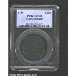 1788 1C Massachusetts Cent XF40 PCGS. Ryder 12.M, Low R.4. Golden to medium brown, with smooth, glos