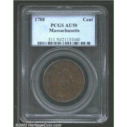 1788 1C Massachusetts Cent AU50 PCGS. Ryder 10-L, R.3. Smooth, light brown surfaces. A number of ver