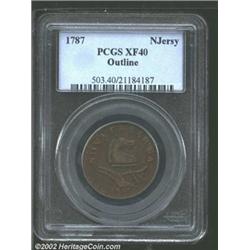 1787 COPPER New Jersey Copper, Outlined Shield XF40 PCGS. Maris 48-g, R.1. Light brown color; smooth