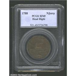 1788 COPPER New Jersey Copper, Head Right XF45 PCGS. Maris 67-v, R.1. Golden-brown color with some m