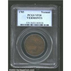 1785 COPPER Vermont Copper, VERMONTS VF30 PCGS. RR-2, Bressett 1-A, R.2. An early die state, the obv
