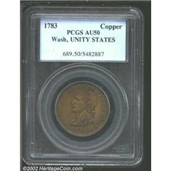1783 1C Washington Unity States Cent AU50 PCGS. Baker-1, R.1. Smooth, golden brown surfaces with som
