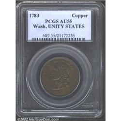 1783 1C Washington Unity States Cent AU55 PCGS. Baker-1, R.1. Smooth, reflective light brown surface