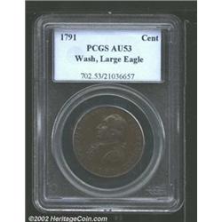 1791 1C Washington Large Eagle Cent AU53 PCGS. Baker-15. Smooth, semi-glossy chocolate brown surface