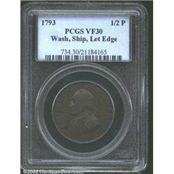 1793 1/2P Washington Ship Halfpenny, Copper, Lettered Edge VF30 PCGS. Baker-18, R.3. Choice smooth,.