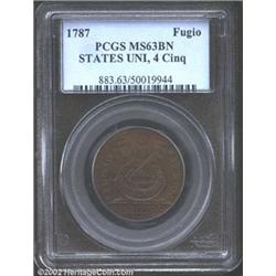 1787 1C Fugio Cent, STATES UNITED, Cinquefoils MS63 Brown PCGS. Newman 13-X, R.1. A pleasing example