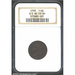 1793 1/2 C AU58 NGC. B-2, C-2, R.3. Even brown patina and sharply defined throughout. The reverse is