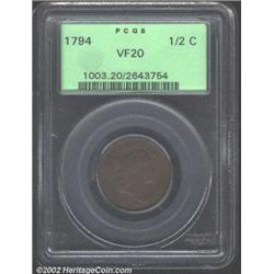 1794 1/2 C VF20 PCGS. B-9, C-9, R.2. This coin is evenly worn overall with a moderate amount of the.