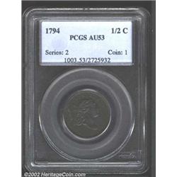 1794 1/2 C AU53 PCGS. B-1a, C-1a, R.3. Die State II. This variety comes with both small and large ed