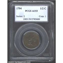 1794 1/2 C AU53 PCGS. B-9, C-9, R.2. Liberty's portrait is in high relief on this obverse die, which
