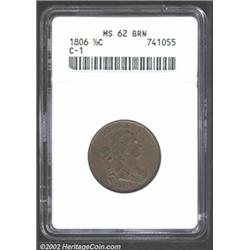 1806 1/2 C Small 6, No Stems MS62 Brown ANACS. B-3, C-1, R.1. Die State II, with die clash marks (as
