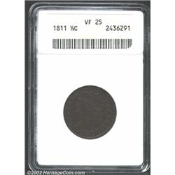1811 1/2 C VF25 ANACS. B-1, C-1, High R.4. Wide date variety. The E in LIBERTY is boldly recut. A de