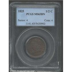 1825 1/2 C MS63 Brown PCGS. Glossy in sheen, the otherwise medium brown surfaces exhibit some orange