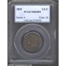 1833 1/2 C MS64 Brown PCGS. Both sides are sharply impressed with dominant glossy-brown coloration..