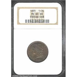 1835 1/2 C MS65 Brown NGC. Sharply struck throughout with glossy lilac-brown surfaces that still sho
