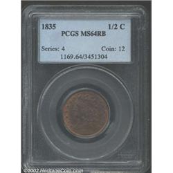 1835 1/2 C MS64 Red and Brown PCGS. Most of the original orange-red luster is concentrated around th