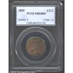 1835 1/2 C MS64 Red and Brown PCGS. Muted red with flashes of lavender and green at the peripheries.