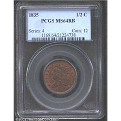 1835 1/2 C MS64 Red and Brown PCGS. The 5 in the date is recut. Much more red than brown in color, a
