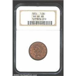 1854 1/2 C MS64 Red NGC. A strong candidate for inclusion in a high quality type set, this frosty te