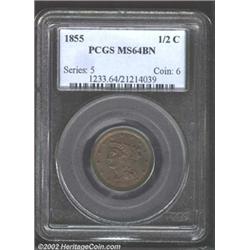 1855 1/2 C MS64 Brown PCGS. B-1, C-1, R.1. Light golden-brown patina, with selected hints of muted o