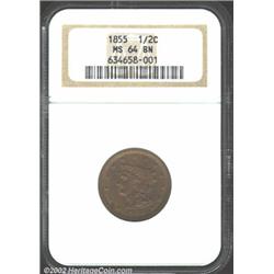 1855 1/2 C MS64 Brown NGC. The central devices of this toned, mostly medium brown example exhibit cr
