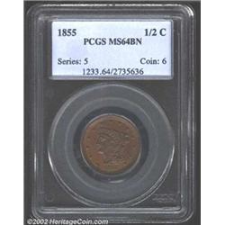 1855 1/2 C MS64 Brown PCGS. Well struck with rich reddish-brown patina over each side and a few grad